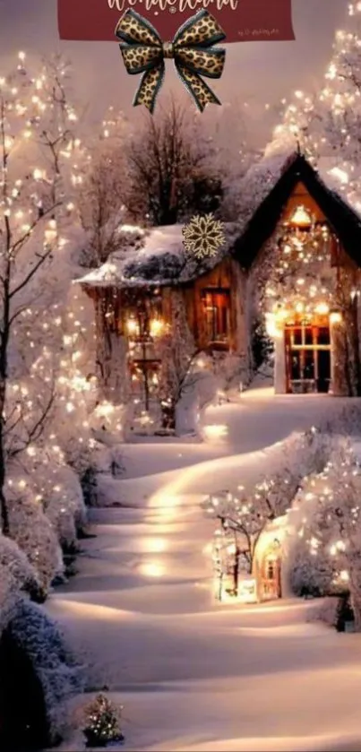 Cozy cabin in snowy winter wonderland with festive lights.