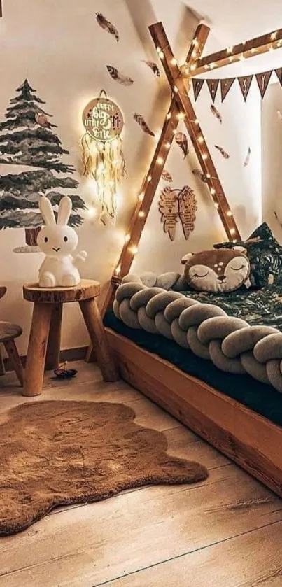 Cozy woodland-themed kid's room decor with tree wall art.