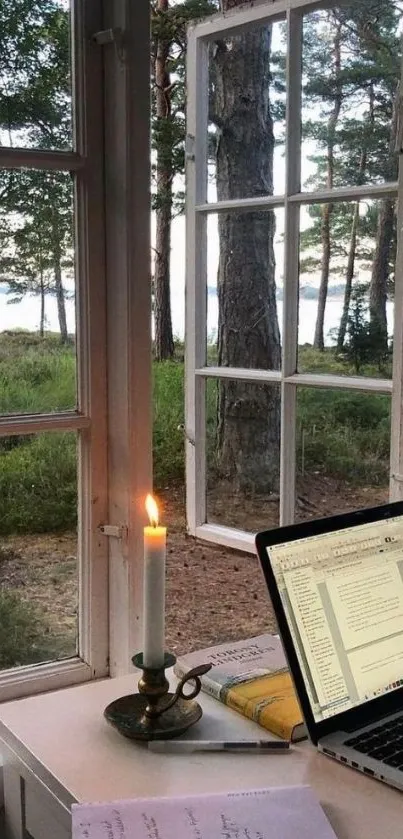 Cozy workspace with open window view.