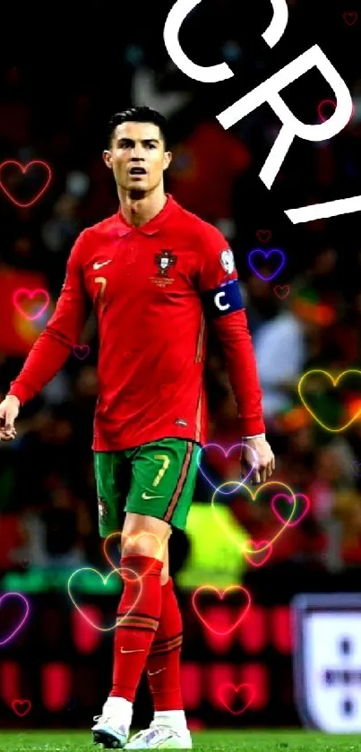 CR7 in a vibrant red football uniform with CR7 text overlay.