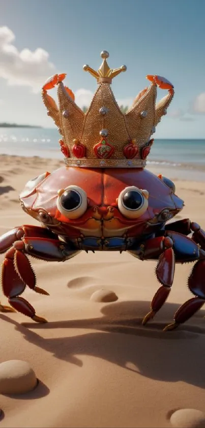 Crab wearing a crown on a sandy beach with ocean background.