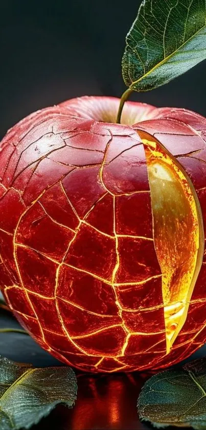 Cracked apple emitting glow with leaf detail.
