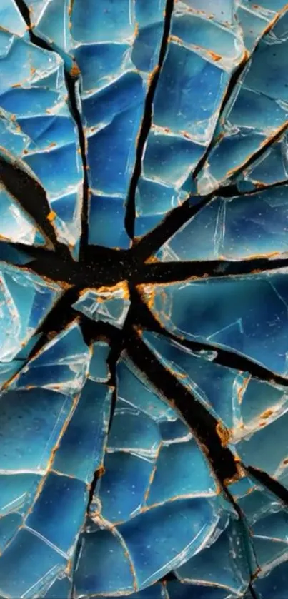 Cracked blue glass mobile wallpaper, abstract design.