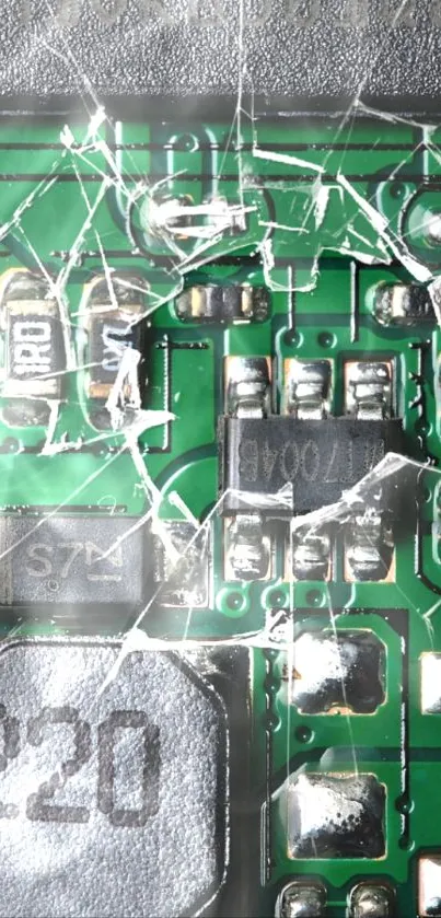 Close-up of a cracked green circuit board with intricate electronic details.