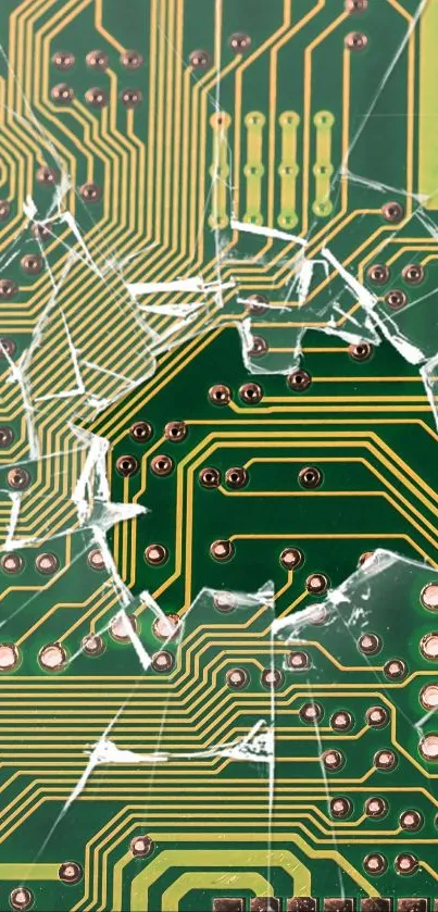 Cracked circuit board wallpaper with intricate green and gold patterns.