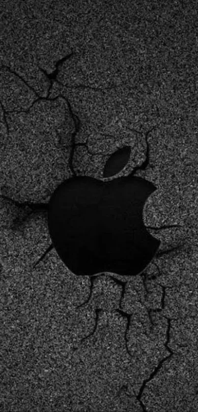 Dark stone wallpaper with cracked Apple logo for mobile screen.