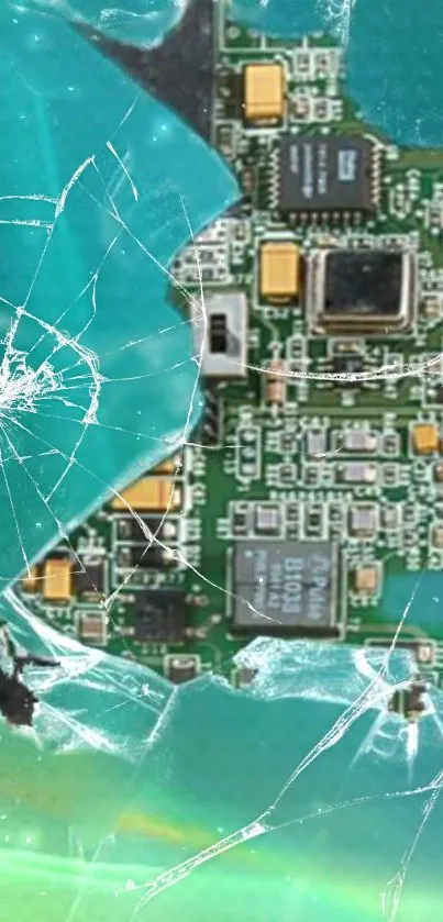 Cracked circuit board wallpaper in teal.