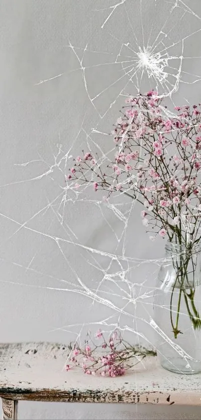 Delicate pink flowers in cracked glass on vintage table.