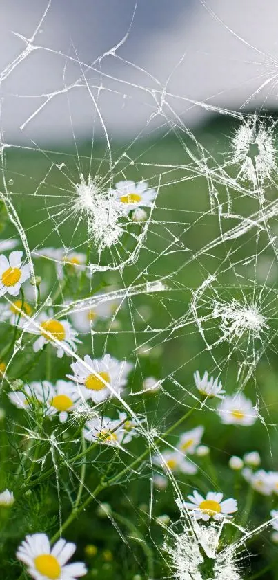 Cracked glass effect over a field of daisies with green background.