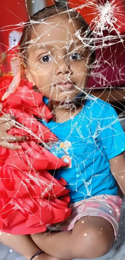 Child holding doll with cracked glass effect.