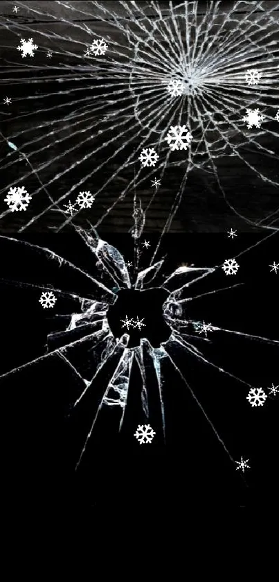 Cracked glass on a black background creating an edgy mobile wallpaper.