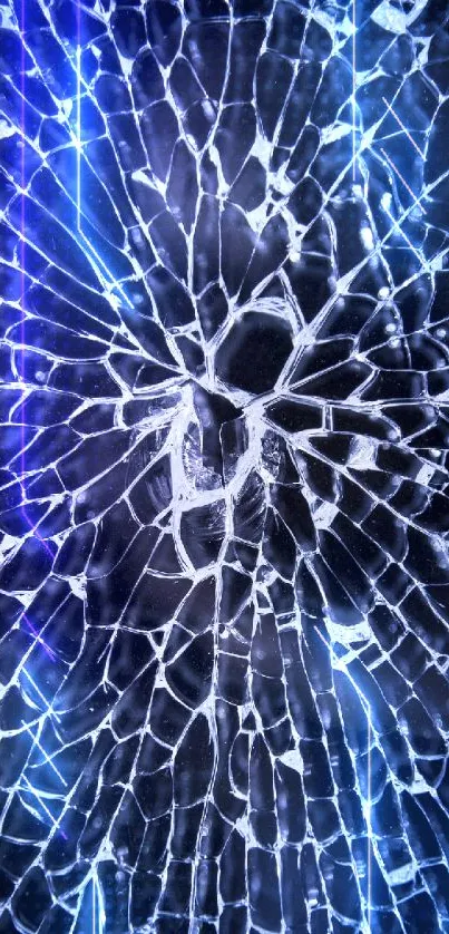 Abstract cracked glass with blue hue for phone wallpaper.