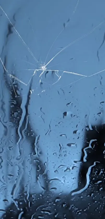 Blue cracked glass with raindrops mobile wallpaper.