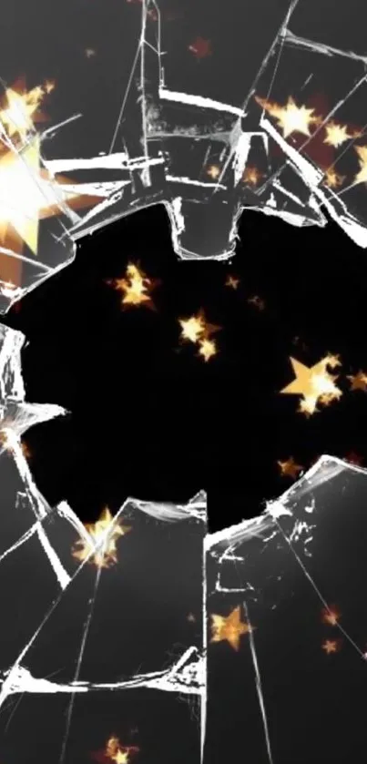 Cracked glass effect with glowing golden stars on a dark background.