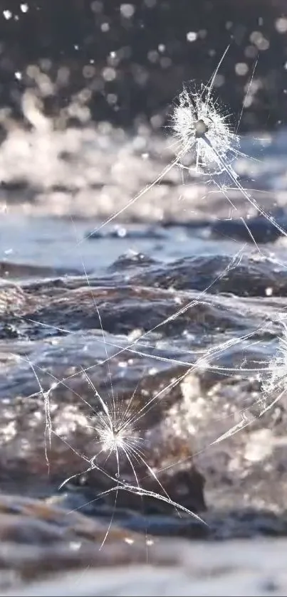 Cracked screen illusion over water background wallpaper.