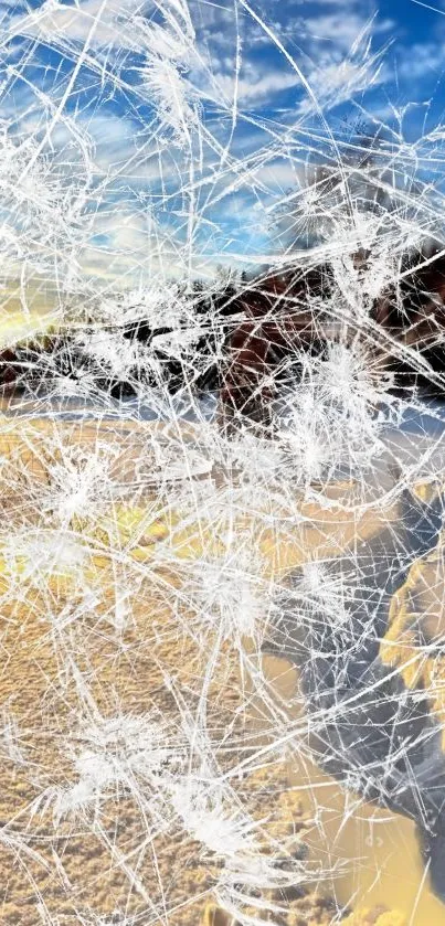 Cracked ice design with winter sunset background, perfect for a modern wallpaper.