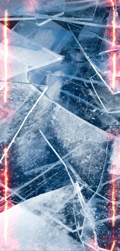 Cracked ice with neon flames mobile wallpaper.