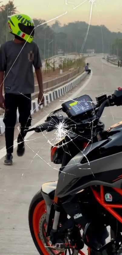 Sportbike on road with cracked screen effect and walking man.