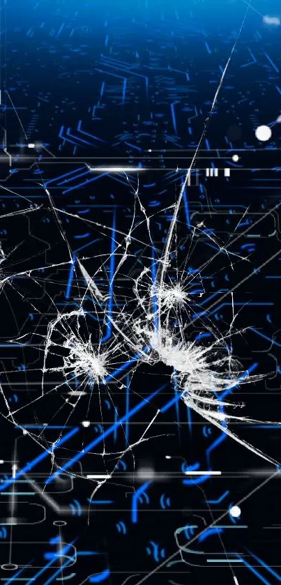 Futuristic cracked screen digital wallpaper in blue tones.