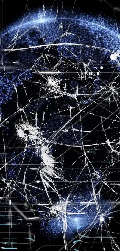 Abstract blue cracked screen with night sky effect.