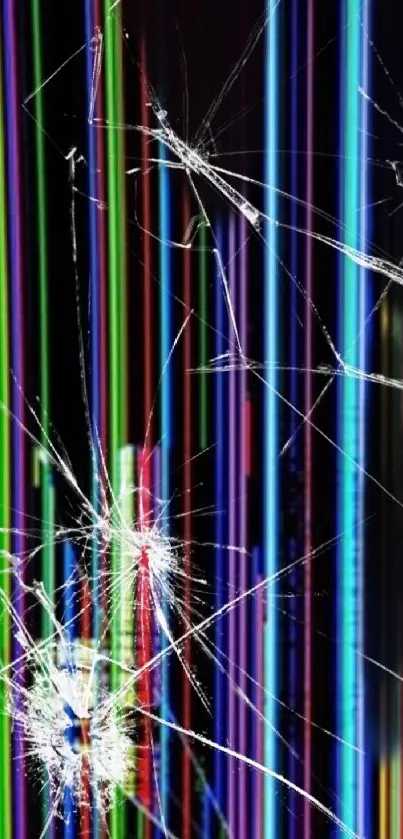 Cracked screen with colorful stripes and shatters on a mobile wallpaper.