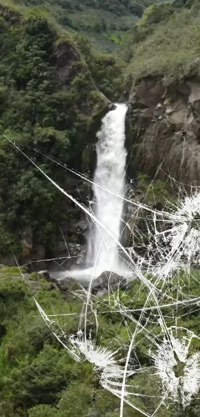 Waterfall with cracked screen effect on forest background.