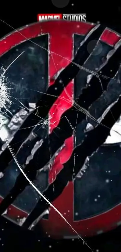 Cracked superhero logo wallpaper with red and black design and shattered glass effect.