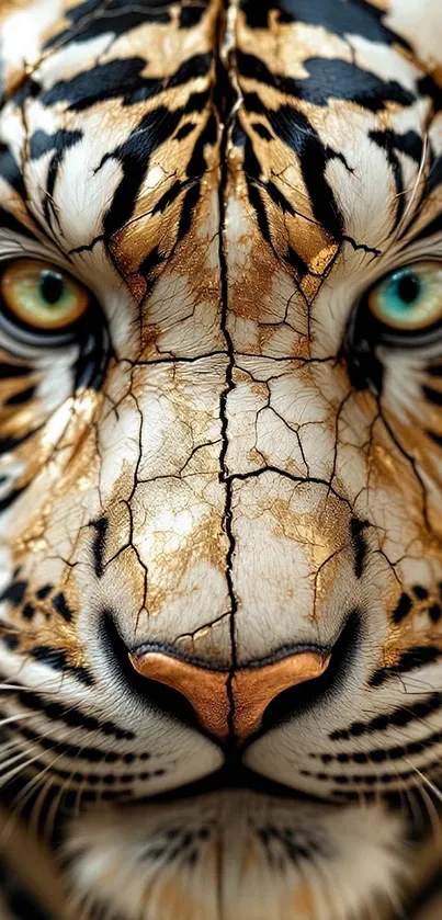 Cracked artistic tiger face with striking green eyes wallpaper.