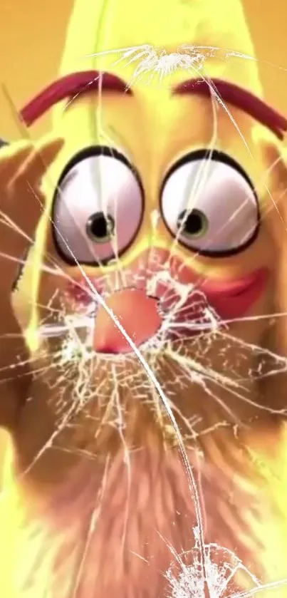 Yellow cartoon character with cracked screen effect.