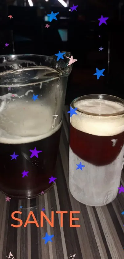 Craft beer in a pitcher and mug on a table.