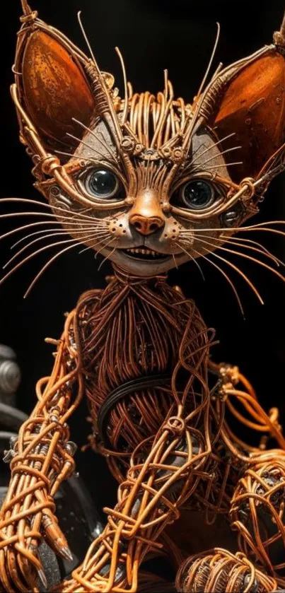 Intricate metal cat sculpture with detailed craftsmanship.
