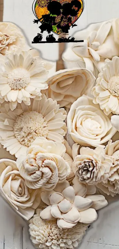 Heart-shaped cream floral arrangement on a rustic wooden background.