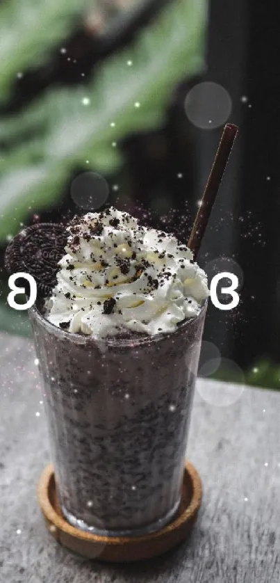 Chocolate milkshake with whipped cream on a rustic table.