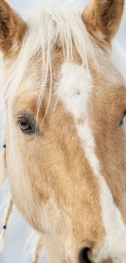 Creamy-colored horse with braided mane in winter.