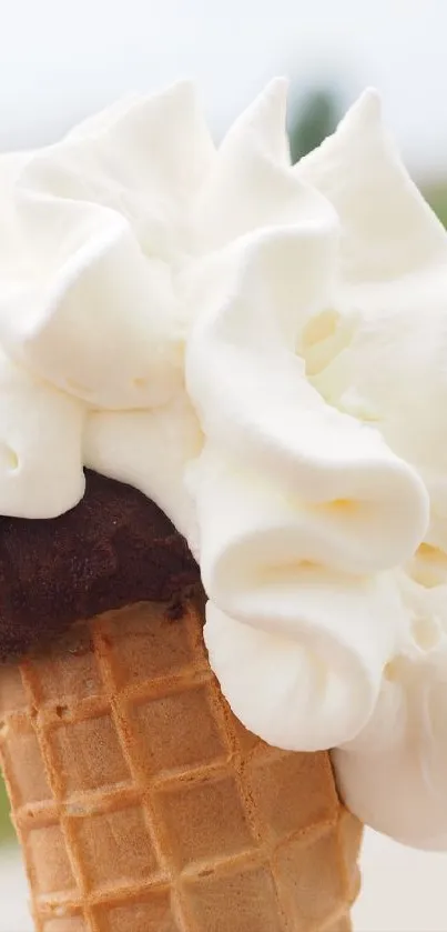 Ice cream cone with chocolate and vanilla against a blurred background.