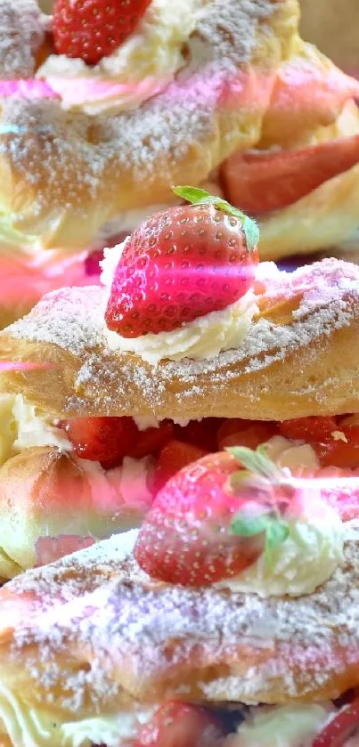 Pastries topped with cream and strawberries on parchment paper.