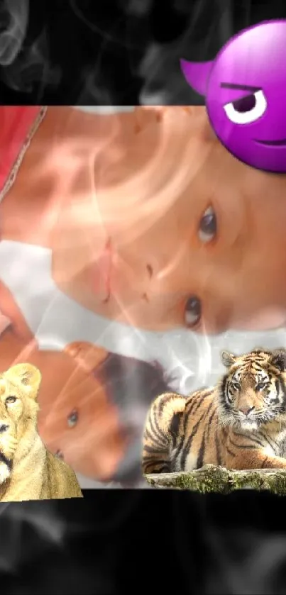 Child's portrait with tiger, lion, purple emoji.