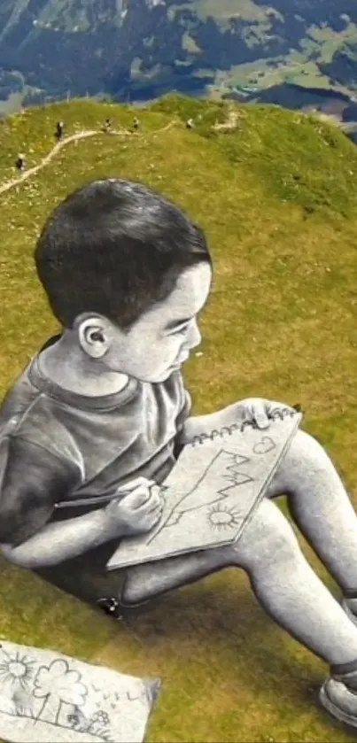 Child drawing street art on grassy hilltop.