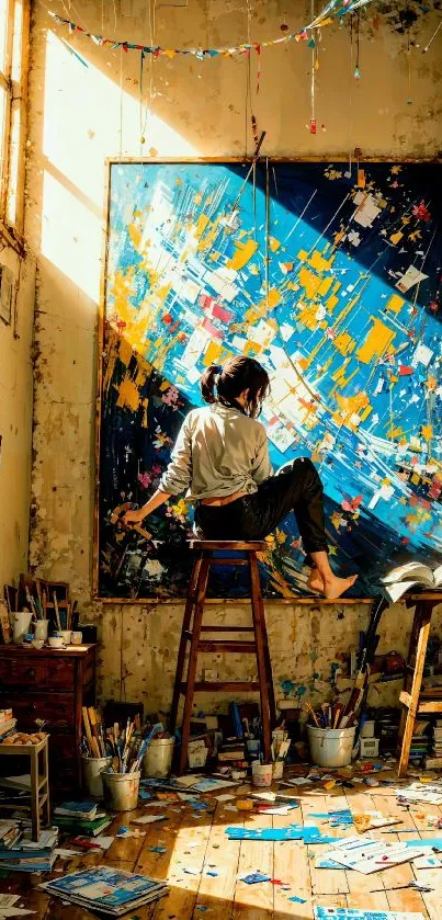 Artist painting in a vibrant studio with large colorful canvas.