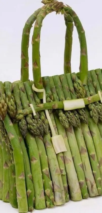 A handbag made of fresh asparagus stalks on a white background.