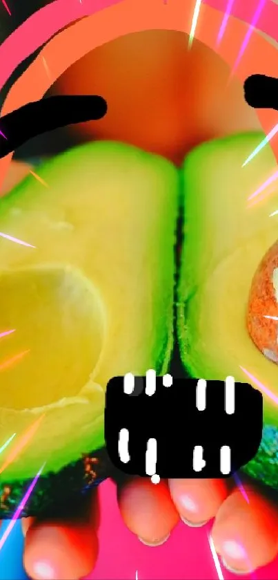 Colorful avocado with a playful face design on hands.
