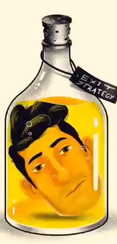 Artistic portrait inside a bottle with bold yellow hues and creative design.