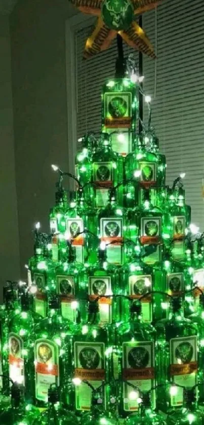 Unique Christmas tree made of green bottles with lights.