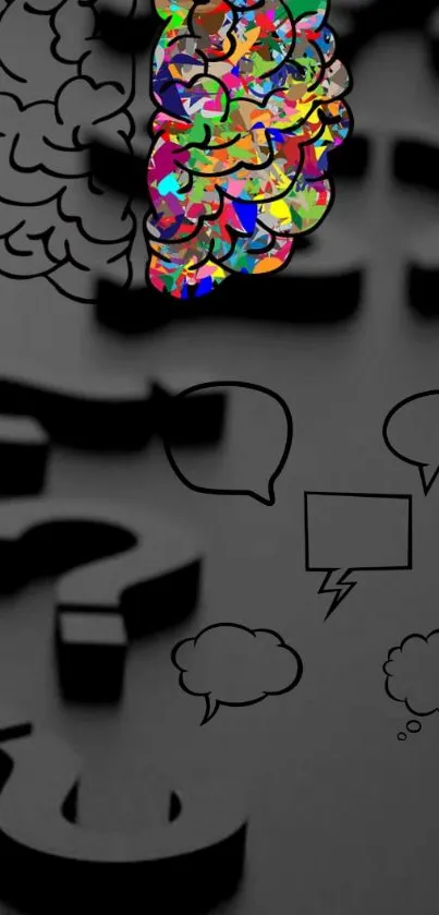 Colorful brain with speech bubbles on dark background mobile wallpaper.