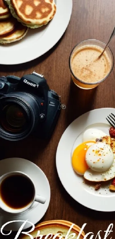 Flatlay of breakfast with pancakes, eggs, coffee, and a camera in a stylish display.