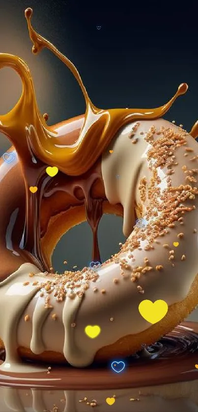 Donut with caramel and chocolate splash wallpaper.