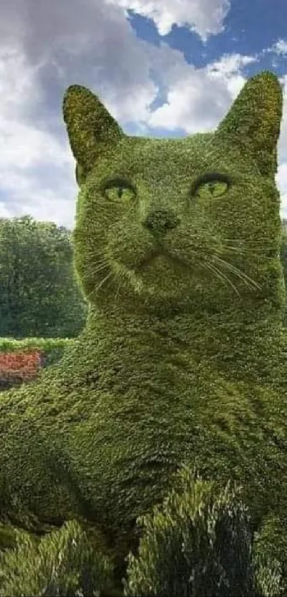 Giant cat-shaped topiary art in a lush garden setting with a vibrant sky.