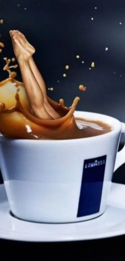 A creative coffee splash in a cup wallpaper for mobile, with a dark blue background.