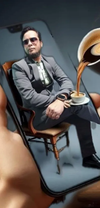 Stylish figure with coffee on phone wallpaper.