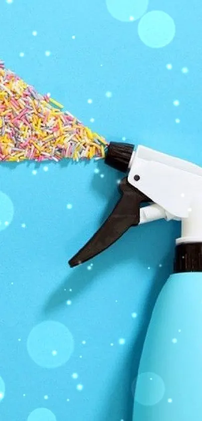 A bright blue wallpaper with a spray bottle releasing colorful sprinkles.